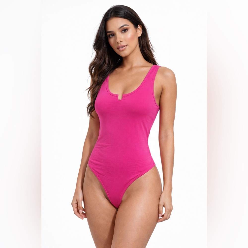 Zenana Hot Pink V-Neck Bodysuit Tank Top | Sleeveless Stretch | Size L